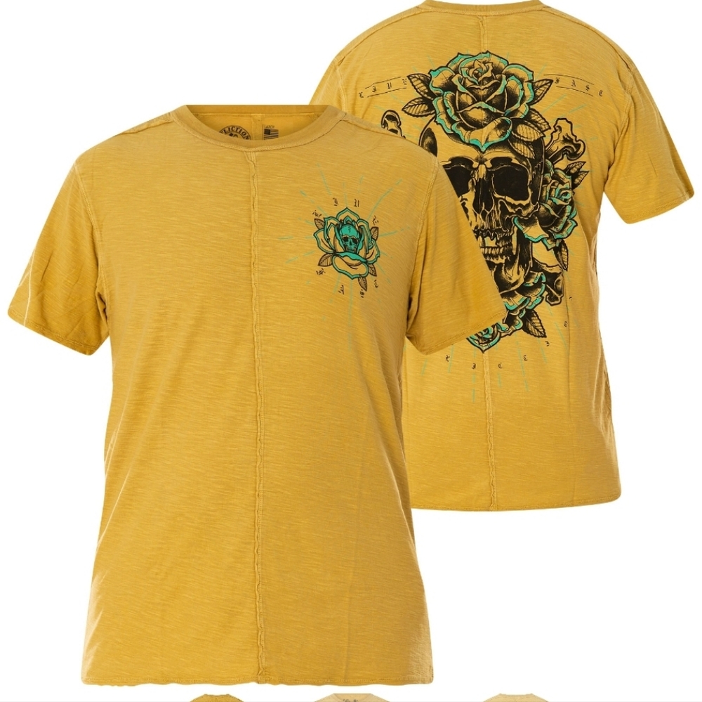 Affliction Coroner Yellow Skull Tee NWT